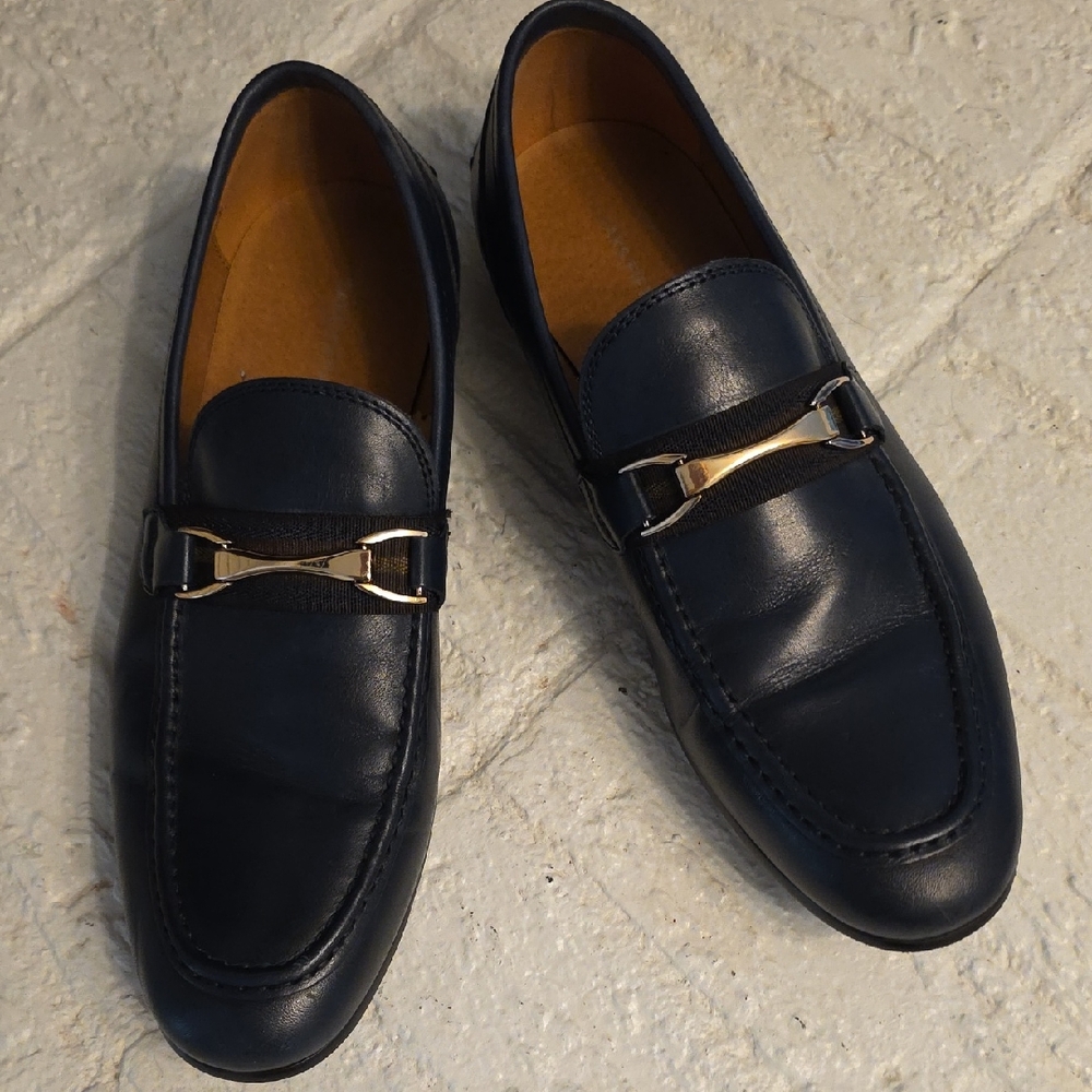Saks Fifth Avenue Dark Blue Leather Loafers with gold horse-bit detail